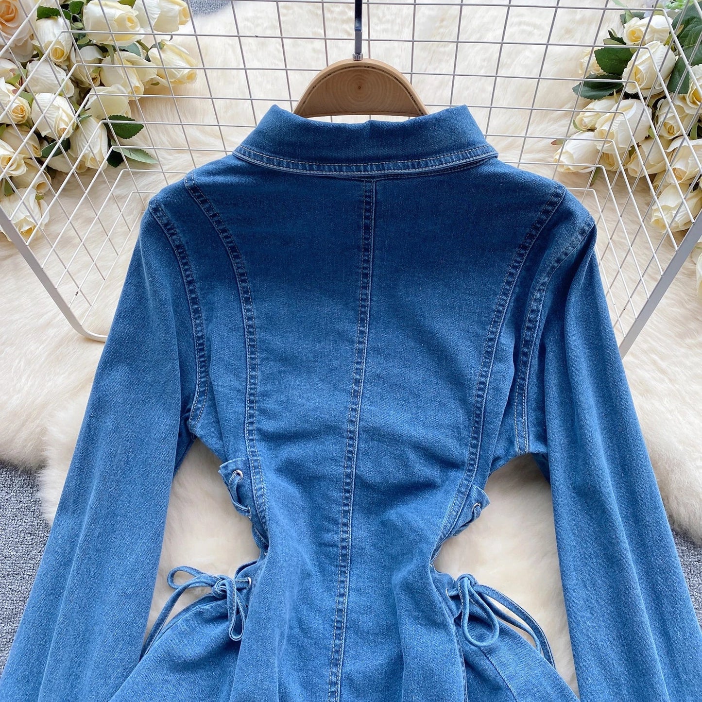 jinran Women Single Breasted Denim Dresses Retro Waist Slimming Temperament Turn-down Collar Bandage Slim Short Jeans Dresses