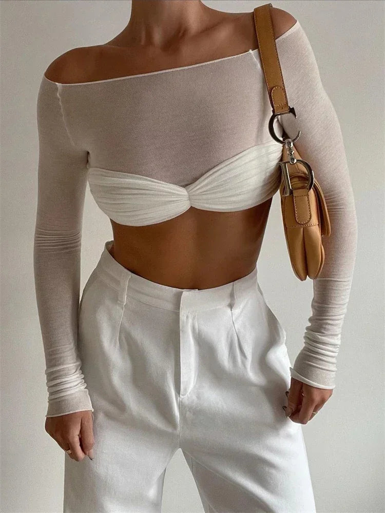 jinran Women Sheer Mesh Crop Top Twist See-Through Mesh Knit Copped Shirt Tops Bustier Off-Shoulder Long Sleeve Summer Hot Tops