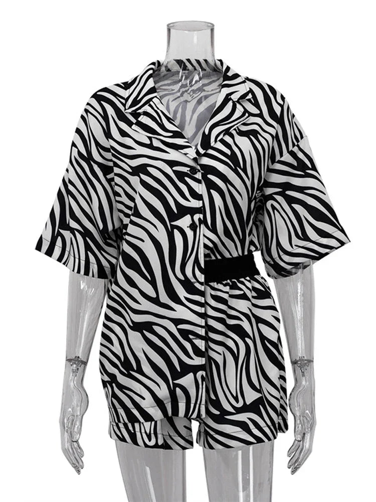 jinran Women Two Piece Sets Outfits Zebra Printed Loose Shirt Tops And High Waist Shorts Set 2024 Casual Streetwear Summer New