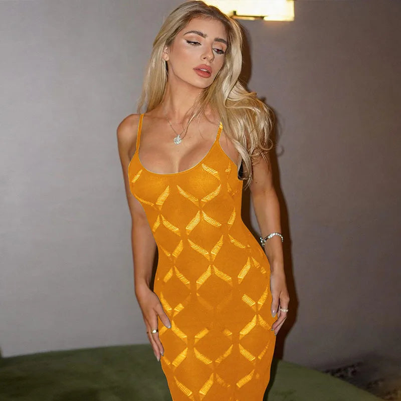 jinran Hollow Out Sexy Maxi Dress For Women Summer New Spaghetti Strap Sleeveless Backless Bodycon Long Dress Elegant