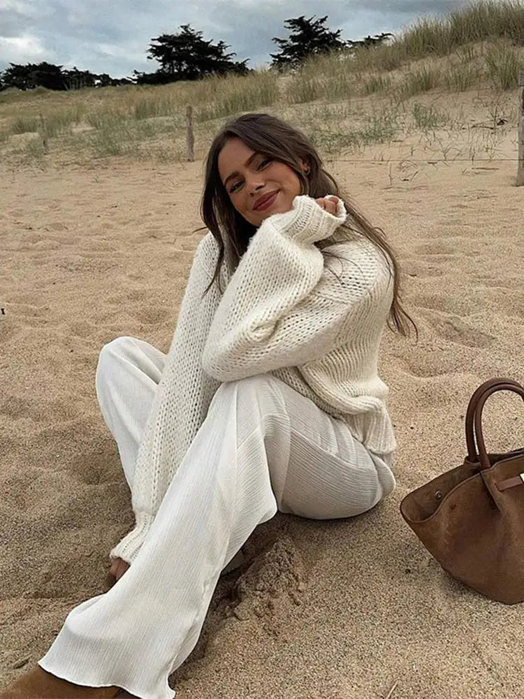 nvxiot - Autumn Solid Wool Blends Round Neck Knitted Pullover Women Casual Lattern Long Sleeve Loose Warm Sweater New Streetwear lady