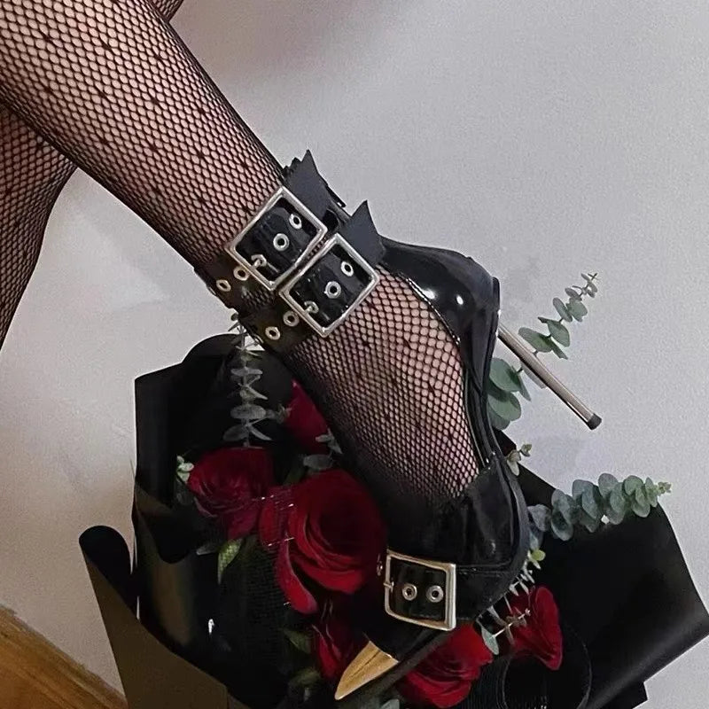 jinran Punk style high heels female black pointed metal buckle thin with cool handsome riveted sandals female summer 2024 new
