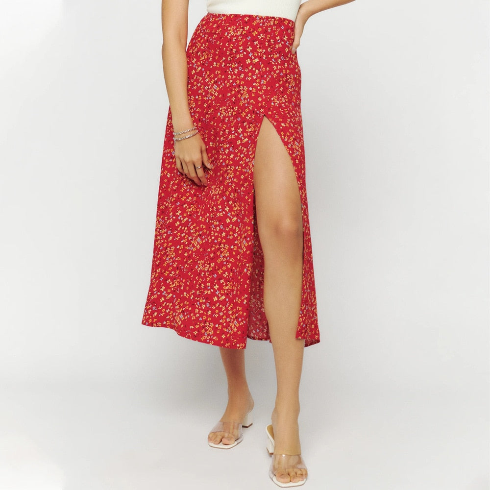 jinran Women Skirt Harajuku leopard flower printed package hip tall waist elastic Summer style mild calf a-line skirts Women XSK8110