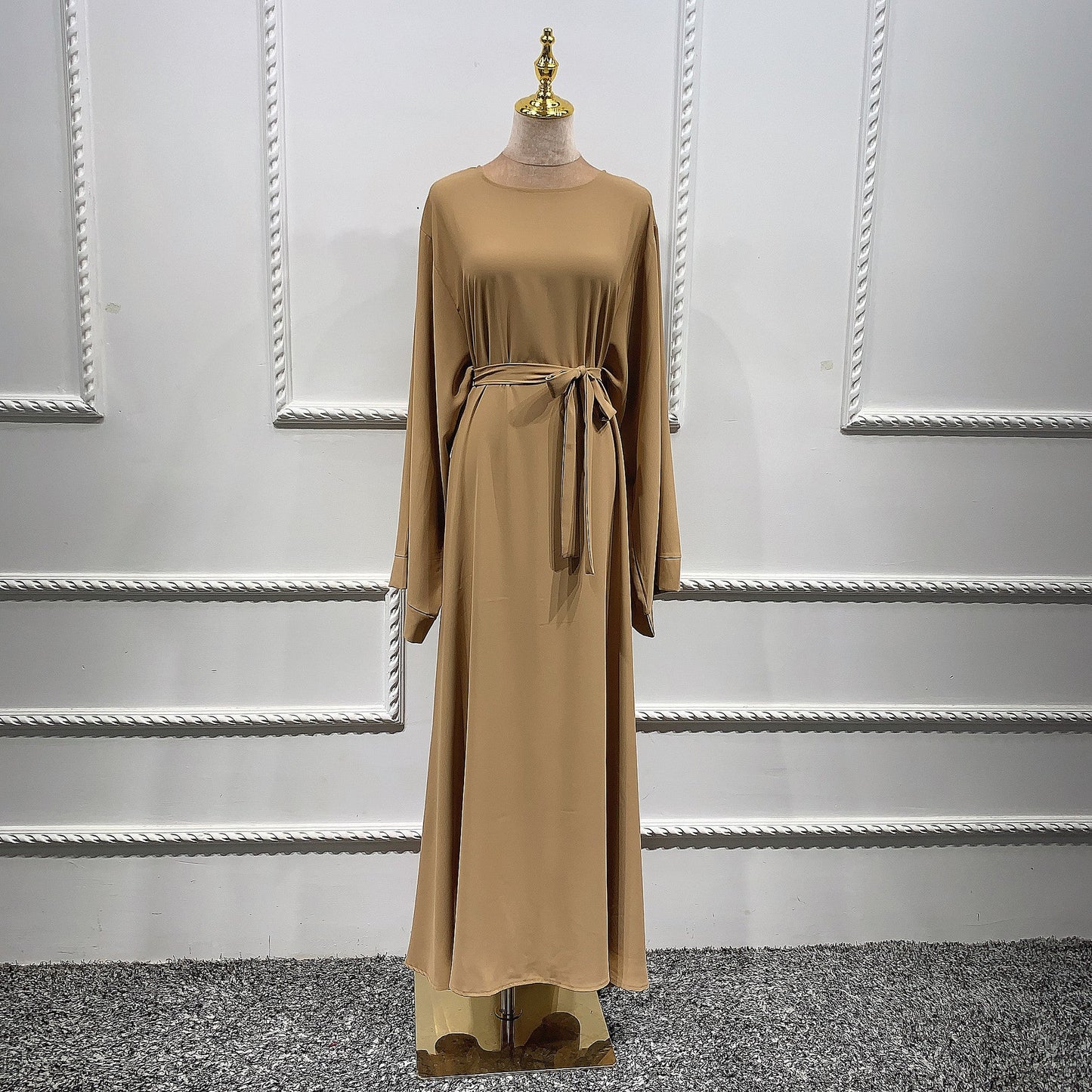 jinran Summer Elegant Solid Color Colorful Temperament Long Skirt Ladies Open Shouder Robe Satin Large Size Belt Muslim Woman Abaya