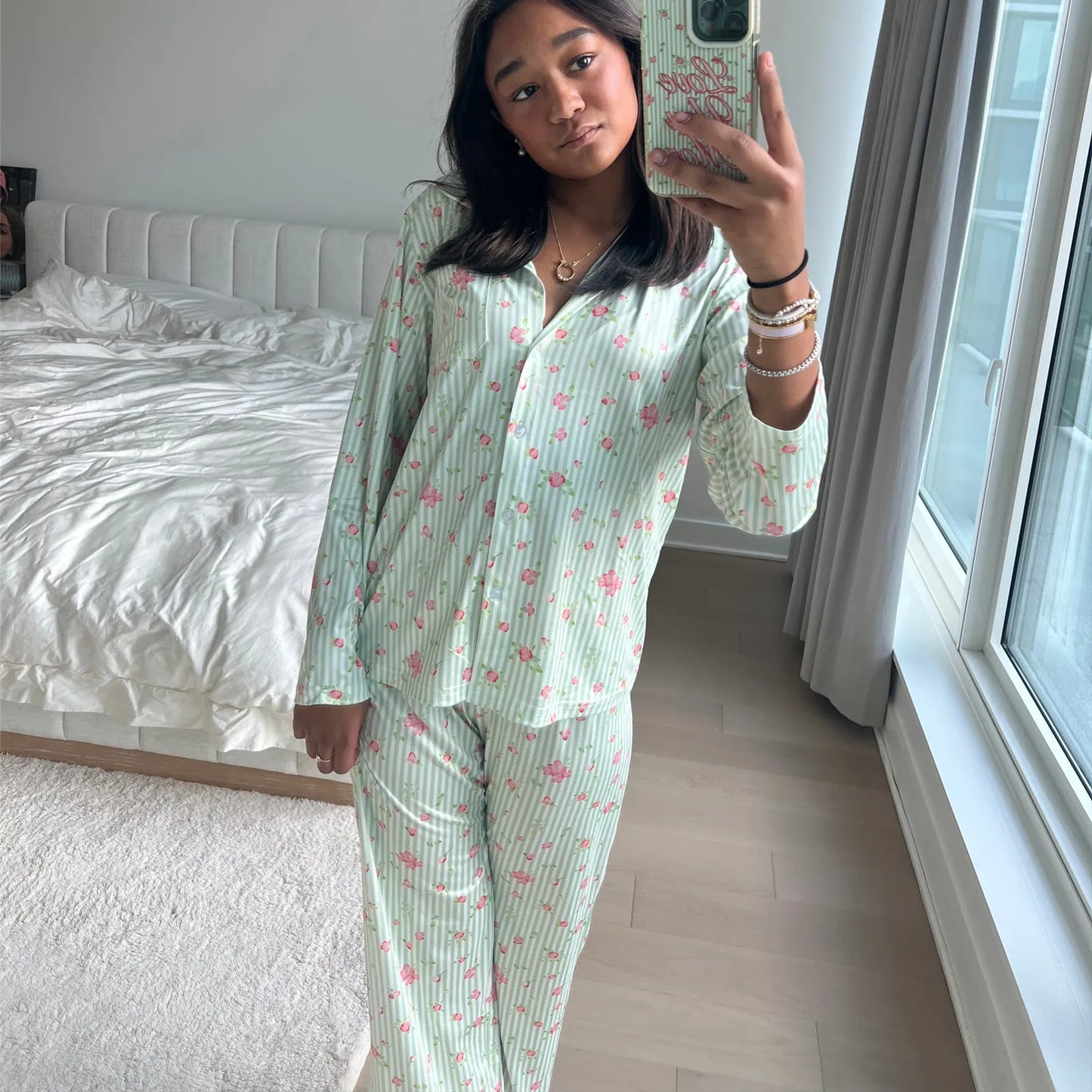 nvxiot - Women Pajamas Cute 2 Piece Set Y2K Vintage Print Button Up Long Sleeve Blouse T-shirt Tops+Pants Home Loungewear Sleepwear