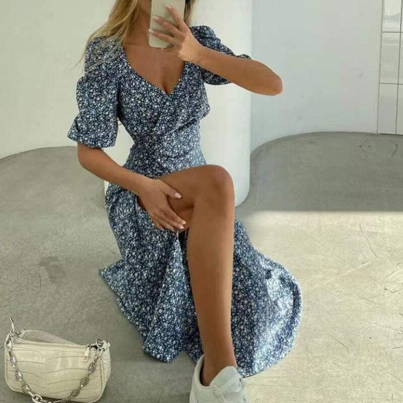jinran Summer Cute Flower Puff Sleeves Dresses Women Sexy V-neck Slit Beam Waist Long Dress Female Vintage Elegant Red Dress