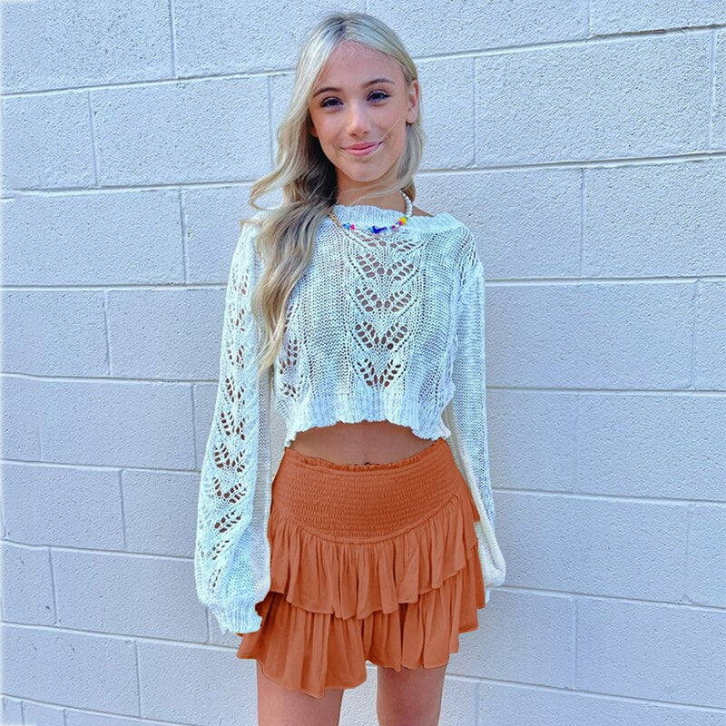 jinran Women Summer White Ruffle Tiered Mini Skirt Beach Cute Fashion Elastic Waist Rose Red Faldas Mujer Black Bottom