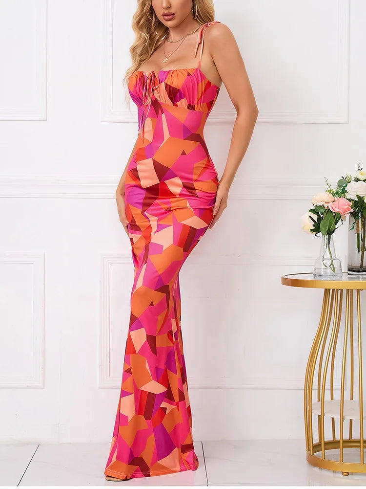 jinran Sexy Dress Women Summer Sleeveless Bohemian Floral Print Bandage Backless Slim Corset Long Dress Elegant Club Party Streetwear