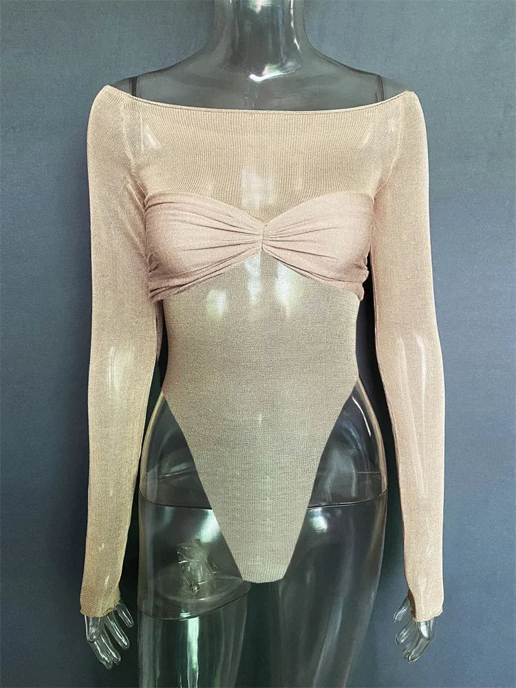 jinran Women Sheer Mesh Crop Top Twist See-Through Mesh Knit Copped Shirt Tops Bustier Off-Shoulder Long Sleeve Summer Hot Tops