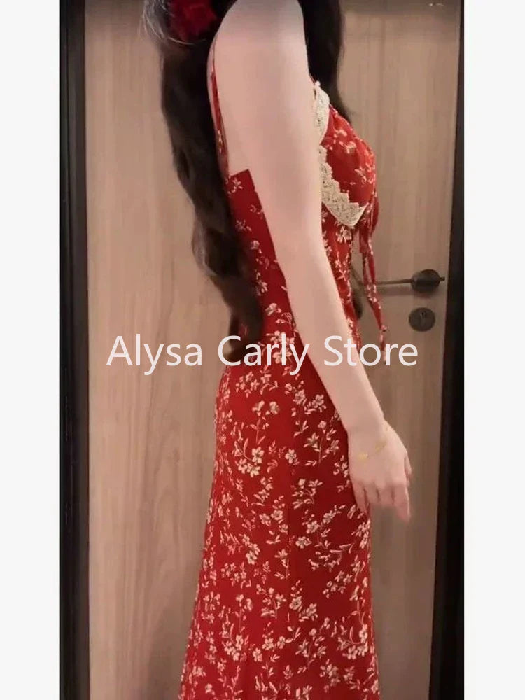 jinran Red Floral Sexy Slip Dress Women Elegant Vintage Long Lace Bodycon Dress Summer Beach One Piece Dress Female Korean Style Party