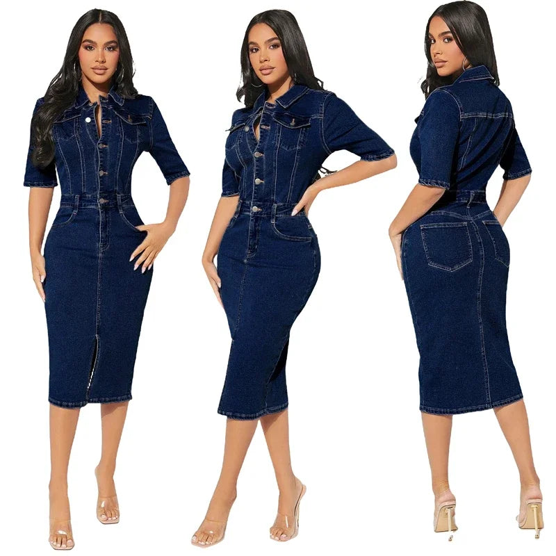 jinran New Arrival Knee-length Half Sleeve High Elastic Denim Dresses for Women 2024 Vestidos Para Muje Summer Party Club Bodycon Dress