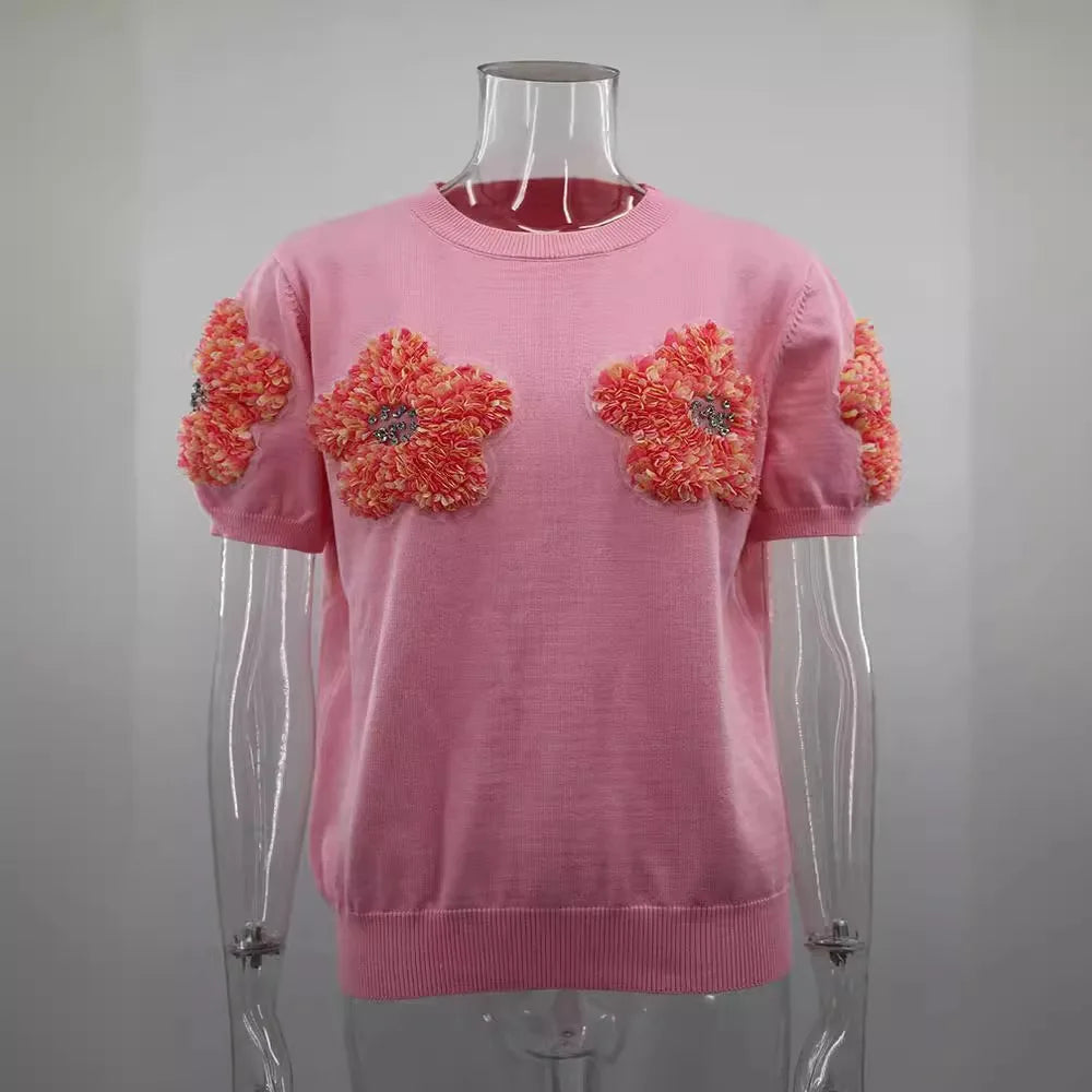 jinran Women 3D Flower Knitted Sweater Tshirt Elegant O Neck Short Sleeved Pullover Tops 2024 Chic Female Commute Fashion T-Shirts
