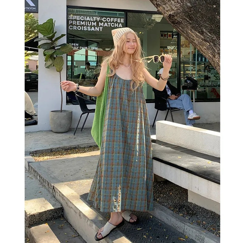 jinran 2024 New Arrival Summer Beach Style Women Loose Casual Plaid Print O-neck Sleeveless Mori Girl Camisole Ankle-length Dress V906