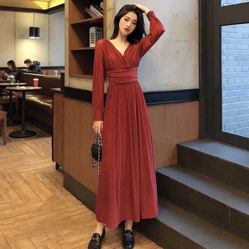 jinran Vintage Sexy Maxi Dresses for Women Party Sequin Midi Dress Female Casual Chiffon Slim Korean Woman Dress Elegant Autumn
