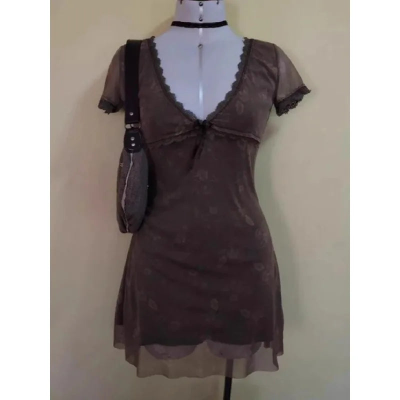 jinran Vintage Floral Brown Dress Women's Summer 2024 Chic Sexy Elegant Fashion Ladies Casual Dress Beautiful Lace Mini Short Dresses