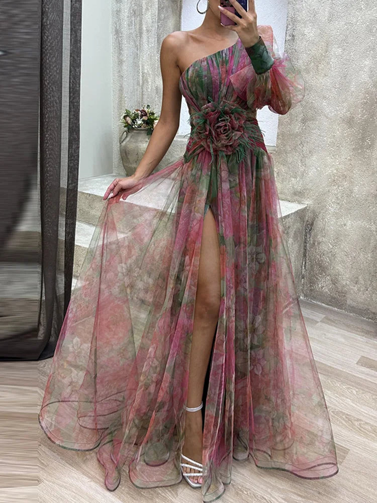 jinran Women High Waist Hollow Out Slit Dresses Party Lady Chic Patchwork Print Maxi Dress Summer Off Shoulder Long Dress New Vestido