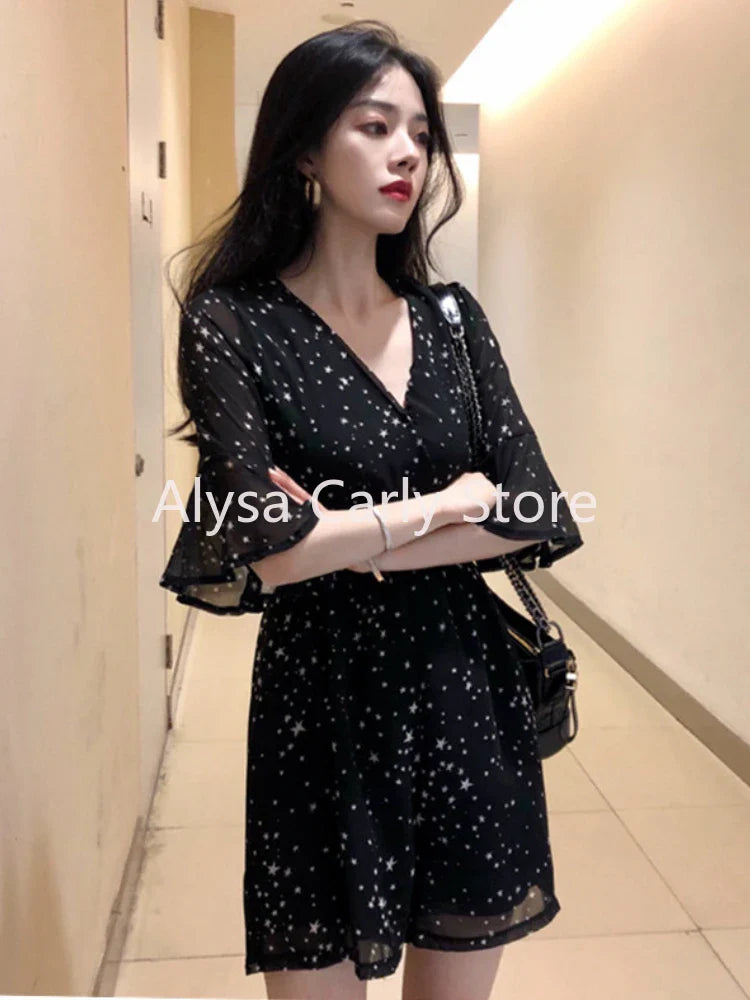 jinran Korean Elegant Chiffon Mini Dress Women Sexy V-neck Floral Fairy Dress Female 2024 Summer Fashion Casual Evening Party Dress Y2k