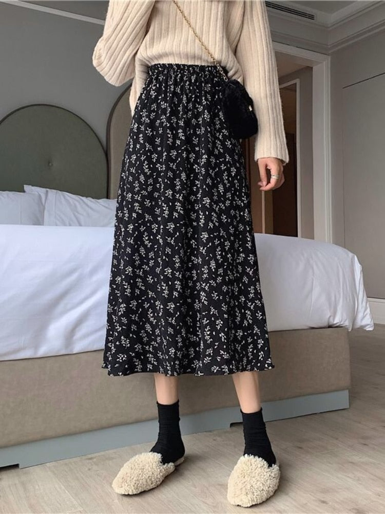 jinran - Vintage Floral Skirt Women High Waist A-line Mid-Calf Casual Skirt Korean Fashion Loose 2024 Spring Summer Female Outfit