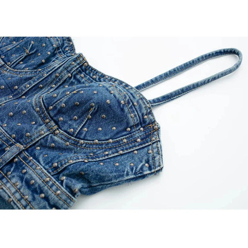 jinran 2024 Woman Slip Denim Dress Sleeveless Corset Midi Dress Streetwear Studded Summer Dresses For Women Casual Backless Dress