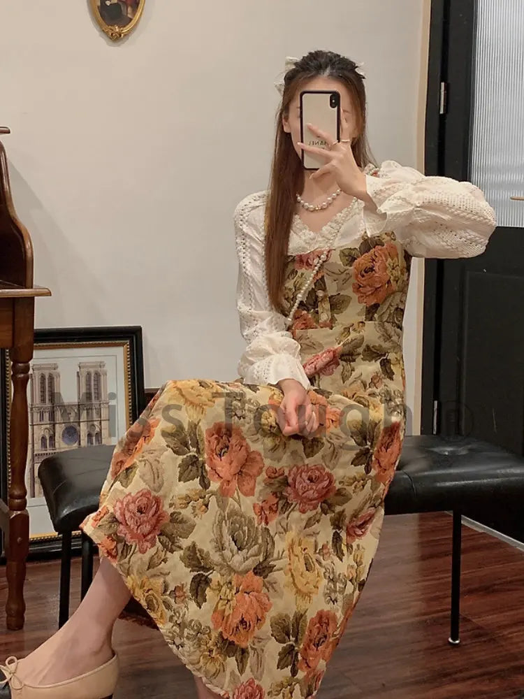 jinran Print Retro Elegant Fairy Dress Women Lace Korean Style Evening Party Midi Dress French Vintage Floral Dress Female 2024Summer