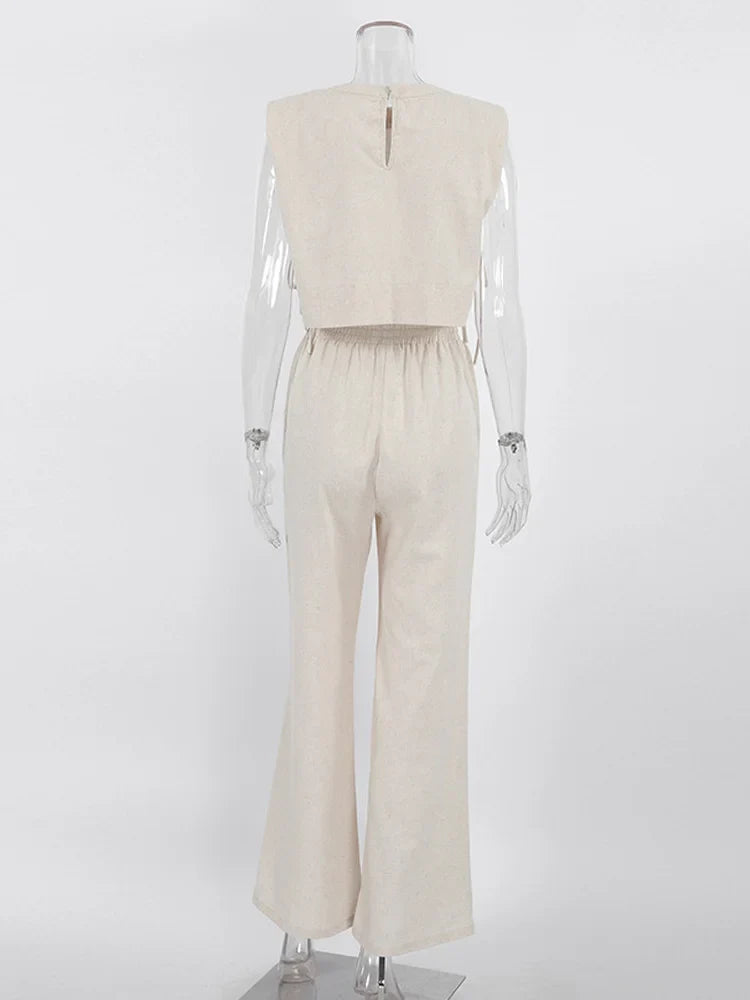 jinran Spring Summer 2024 Women Holiday Linen Pant Set Crop Tops Solid Outfits 2 Two Piece Matching Set For Women
