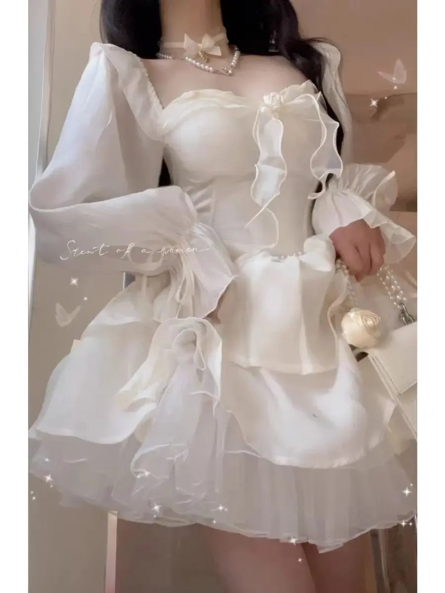 jinran Winter Solid Fairy Kawaii Long Sleeve Dress Women Korean Designer Lolita Mini Dress New Female Casual Fashion One Piece Dress
