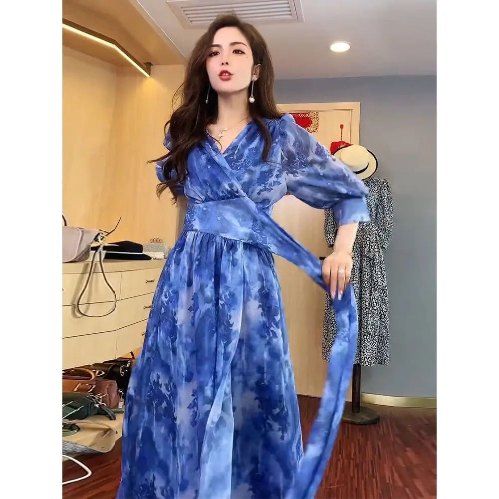 jinran Korean Fashion Puff Sleeve Floral Dress Loose Waist With Bandage New Women's Summer Dresses Elegant Casual Midi Vestidos Mujer