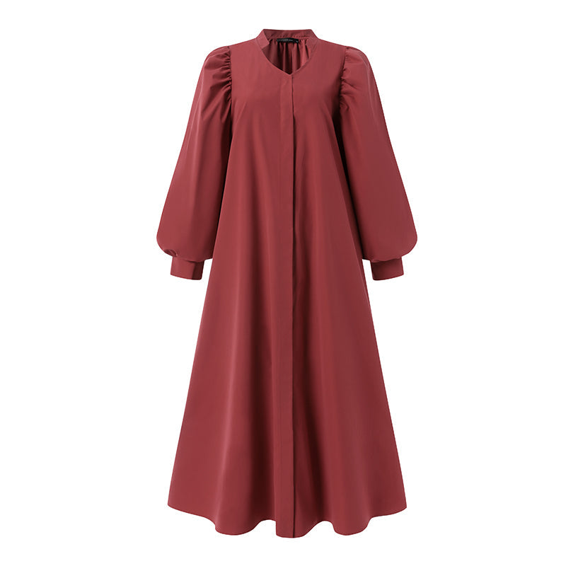 jinran Women Casual V Neck Solid A-Line Vestido 2022 Fashion Long Puff Sleeve Sundress Holiday Dress Retro Kaftan Dress Oversize