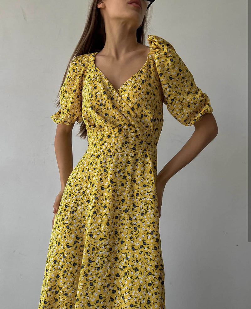 jinran Summer Cute Flower Puff Sleeves Dresses Women Sexy V-neck Slit Beam Waist Long Dress Female Vintage Elegant Red Dress