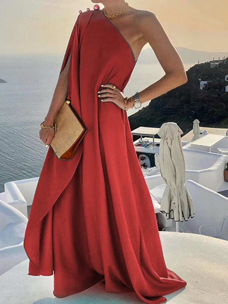 jinran Women Sexy Off Shoulder Boho Long Dress Elegant One Shoulder Loose Party Dress 2024 Summer Fashion Button Solid Beach Maxi Dress