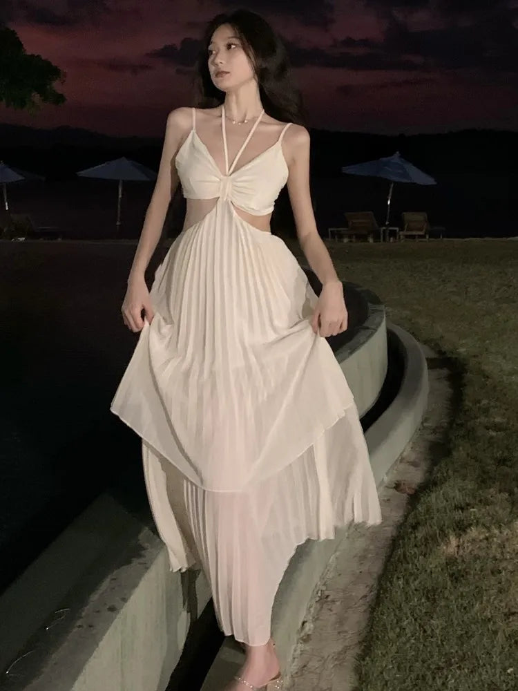jinran Summer New Fashion Women Sexy Pleated Boho Long Dress Vacation Beach Strap A line Ladies Robe 2024 Sundress