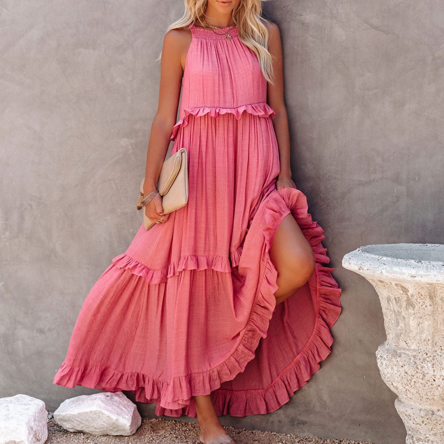 jinran Ruffles Navy Blue A-line Loose Casual Maxi Long Summer Women Dress Halter Sleeveless Robe Party Vestidos