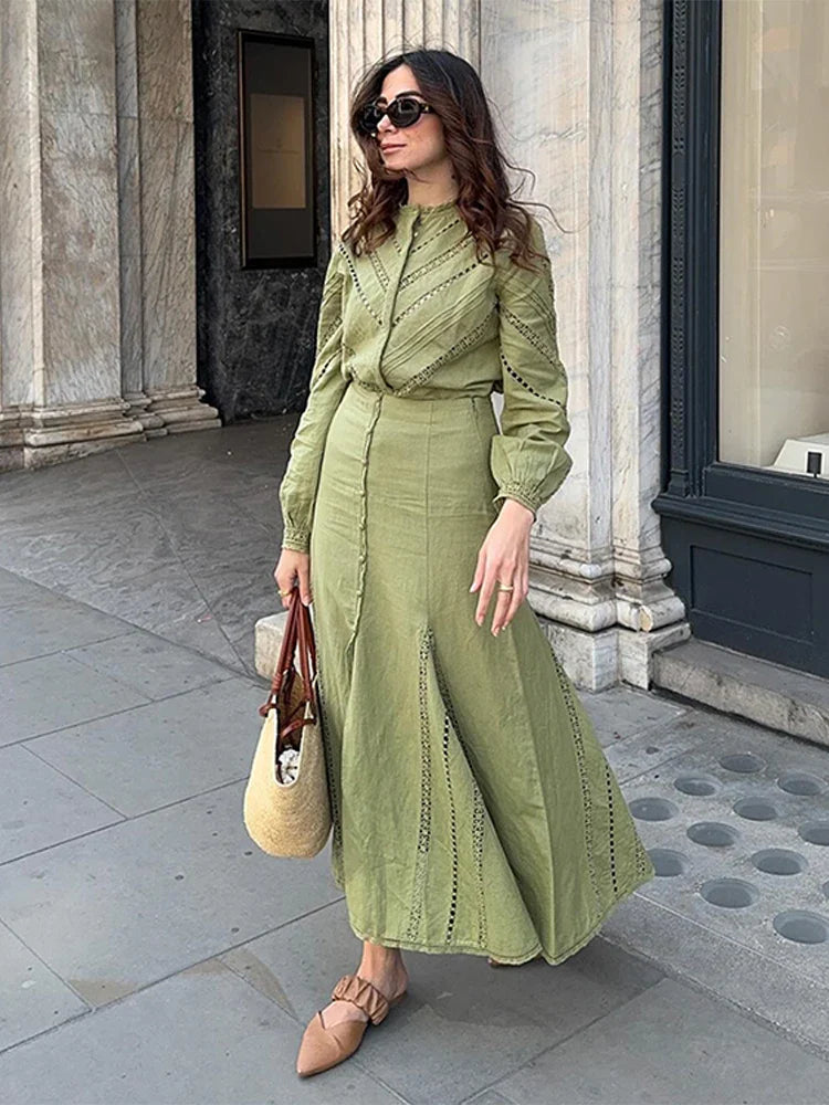 nvxiot - Hollow Out Loose Women Shirts Ruffles Front Split Skirt Casual Long Sleeve Cardigan Blouses Elegant Female Streetwear Skirt