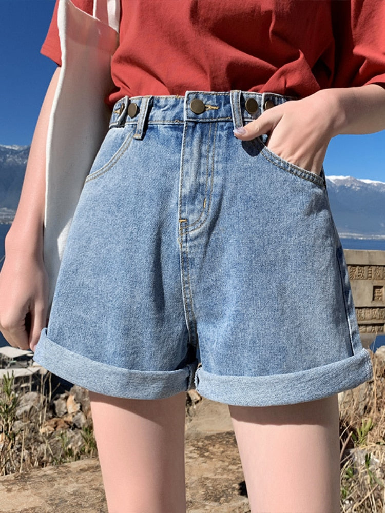 jinran New Summer Women High Waist Wide Leg Denim Shorts Casual Female Loose Fit Streetwear Solid Color Straight Jeans Shorts