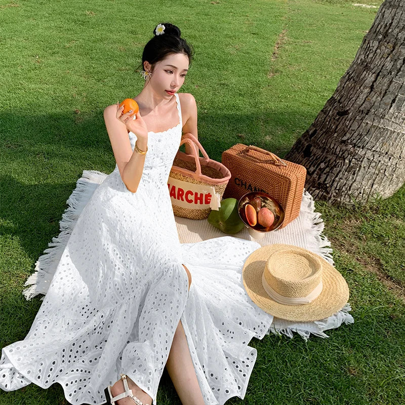 jinran Fashion Women Summer Embroidery Cotton Midi Long Dress Beach Straps Sundress Hollow Out Sexy Backless Prom Evening Robe