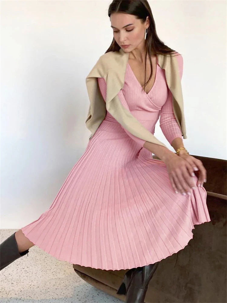 jinran Women Ribbed V-neck Fold Knitted Max Dress Ladies Skinny Sexy A-line Dresses Two Color Patchwork Elegant Chic Vestidos