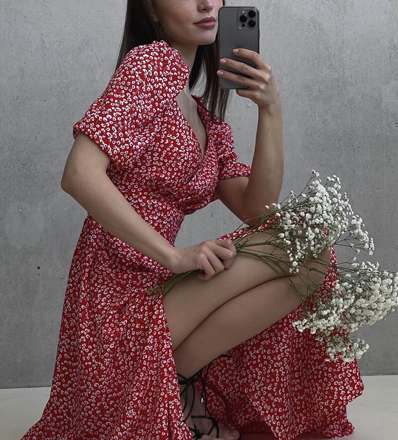 jinran Summer Cute Flower Puff Sleeves Dresses Women Sexy V-neck Slit Beam Waist Long Dress Female Vintage Elegant Red Dress