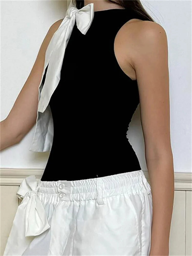 jinran Tee Bow Patchwork Jumpsuit For Women Sleeveless Slim Fashion Summer 2024 High Waist Contrast Casual Y2k Rompers Streetwear