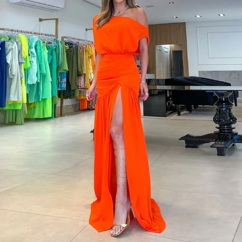 jinran Women Maxi Dress Summer Fashion Casual Solid Nipped Waist Slim Slanted Shoulders Pleated Slit Evening Party Dresses