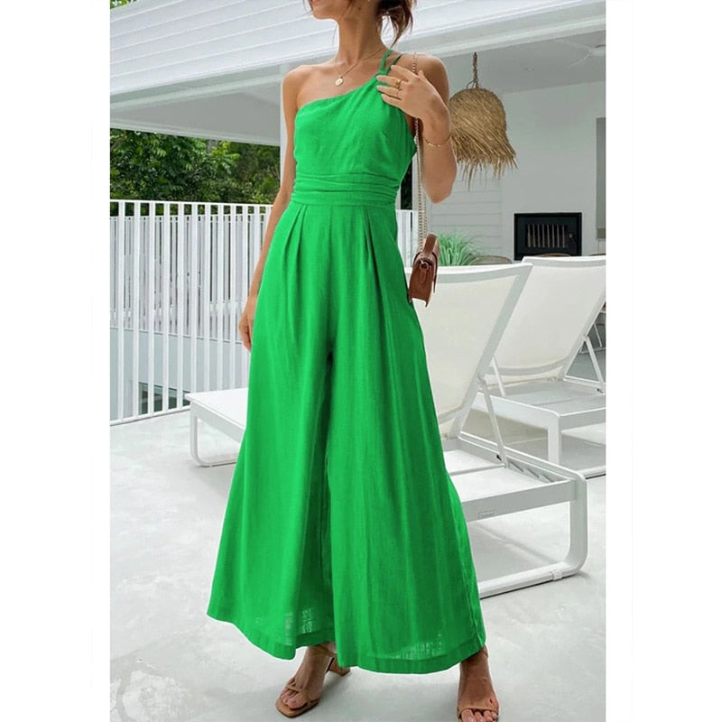 jinran Waist Folds Backless Double Strap Casual Wide Leg Jumpsuit Long Pants Green New Female Loose Jumpsuit