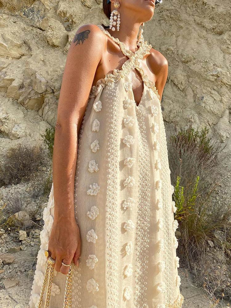jinran Sleeveless Halter Maxi Summer Dress For Women Fashion Ruffle Beach Long Robe Elegant Slip Holiday Hollow Out Sundress