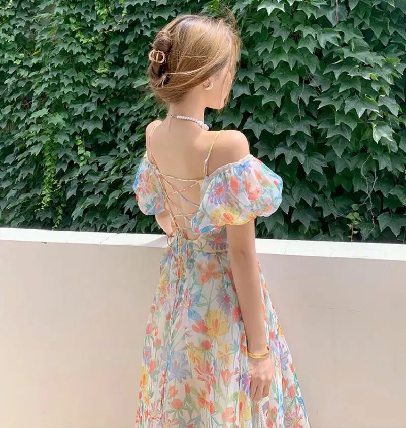 jinran Women's French First Love Puff Sleeves Floral Long Dress Summer Dresses Cool and Breathable Bare Shoulder Korean Fashion 2024
