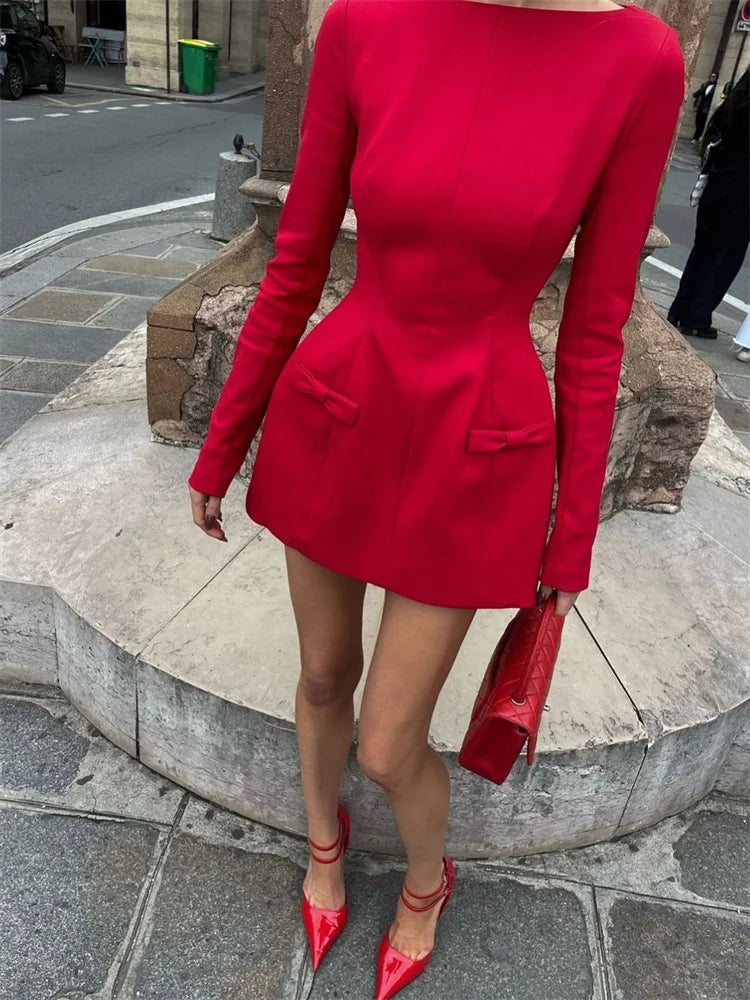 nvxiot - Autumn Female Tee Bow Mini Dress Slim Fashion Patchwork High Waist Elegant Party Dress Women's Solid Y2k Bodycon Dress New