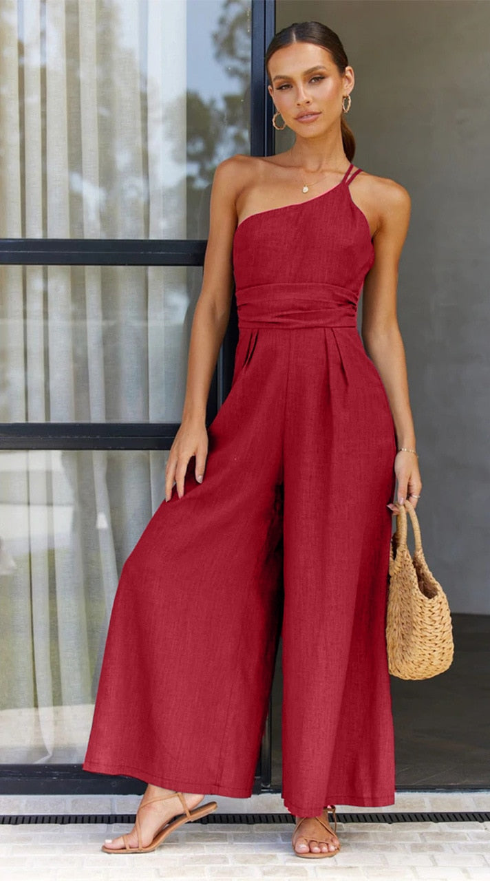 jinran Waist Folds Backless Double Strap Casual Wide Leg Jumpsuit Long Pants Green New Female Loose Jumpsuit