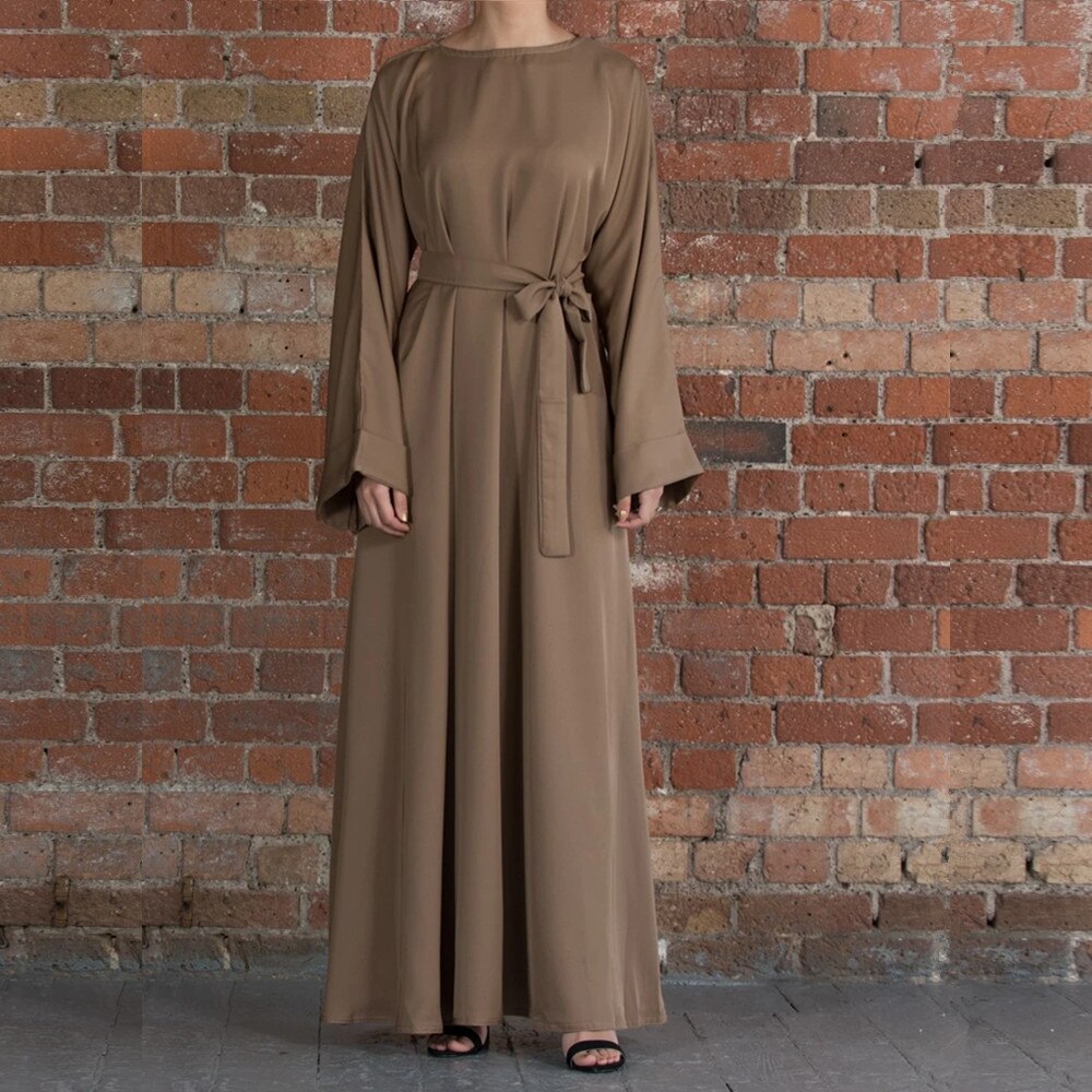 jinran Summer Elegant Solid Color Colorful Temperament Long Skirt Ladies Open Shouder Robe Satin Large Size Belt Muslim Woman Abaya