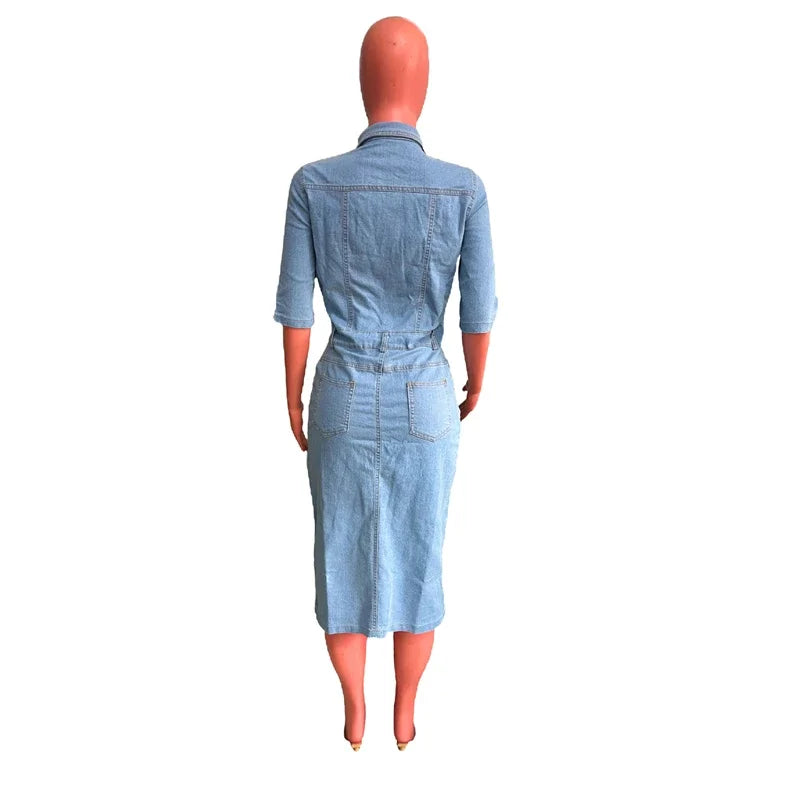 jinran New Arrival Knee-length Half Sleeve High Elastic Denim Dresses for Women 2024 Vestidos Para Muje Summer Party Club Bodycon Dress