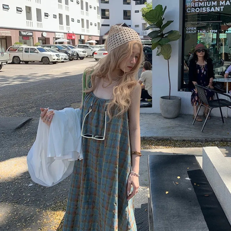 jinran 2024 New Arrival Summer Beach Style Women Loose Casual Plaid Print O-neck Sleeveless Mori Girl Camisole Ankle-length Dress V906