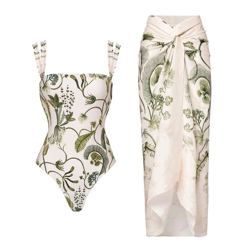 jinran 2024 One Piece Swimsuit Women Swimwear with Beach Skirt V Neck Bathing Suit Flower Beachwear Monokini Swim Summer