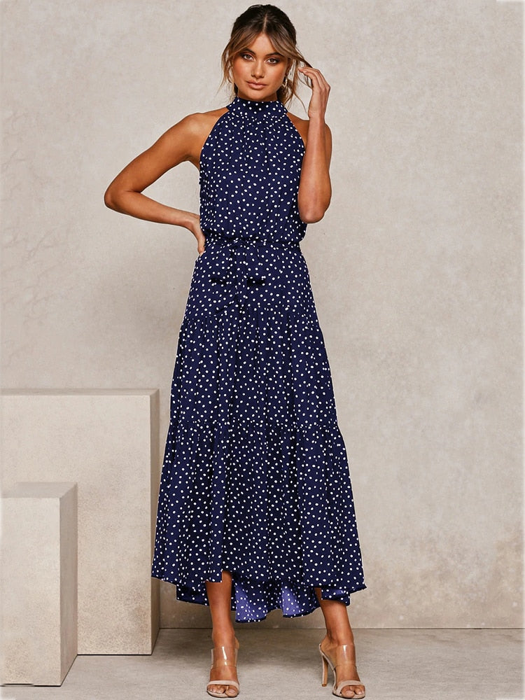 jinran Polka Dots Vintage Women Summer Halter Maxi Boho Dress Sleevless Navy Blue Floral Print Long Sash Beige A-line Beach Casual Robe
