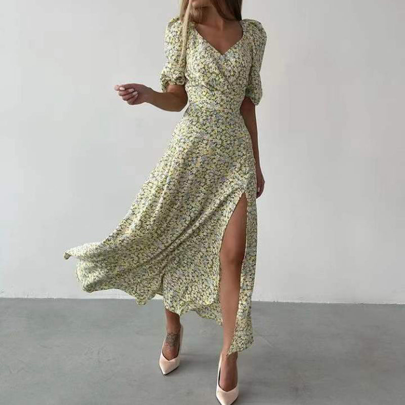 jinran Summer Cute Flower Puff Sleeves Dresses Women Sexy V-neck Slit Beam Waist Long Dress Female Vintage Elegant Red Dress